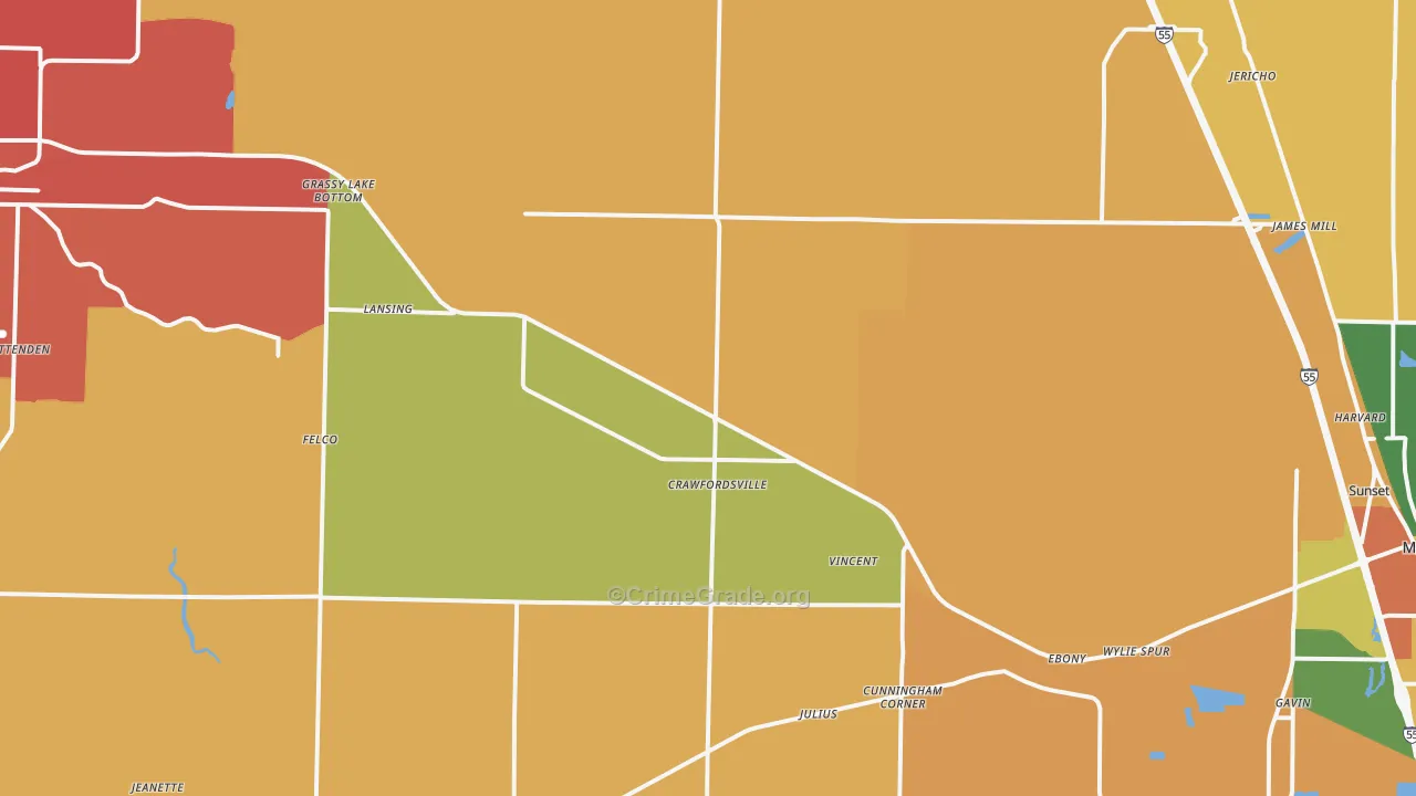 Crawfordsville, AR Map of Assault Rates