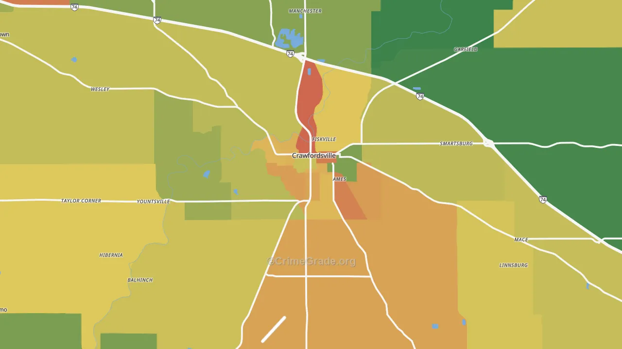 Crawfordsville, IN Map of Assault Rates