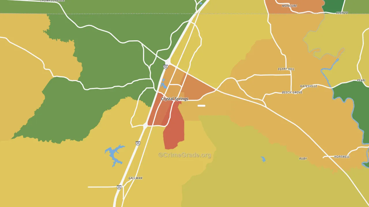 Crystal Springs, MS Map of Assault Rates