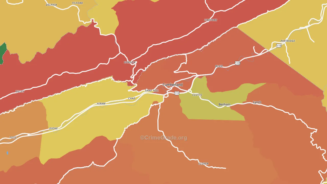 Cumberland, KY Map of Assault Rates