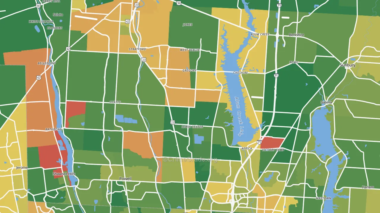 Delaware County, OH Map of Assault Rates