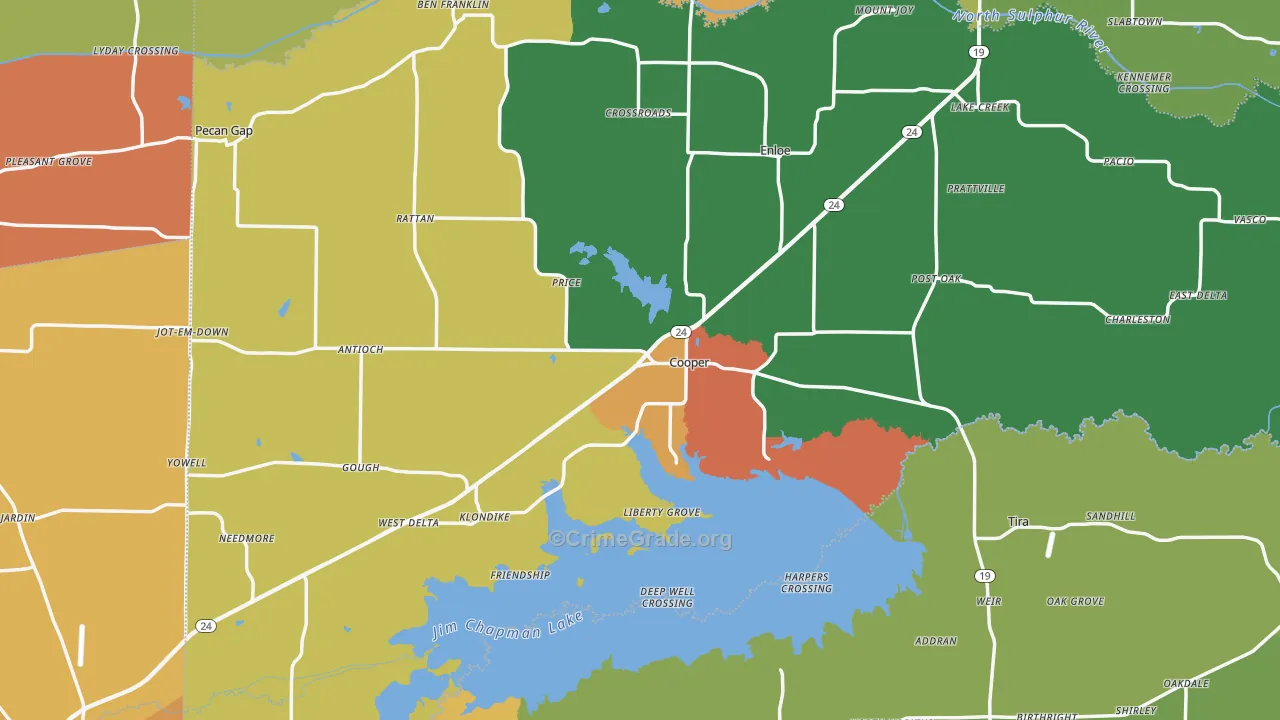 Delta County, TX Map of Assault Rates