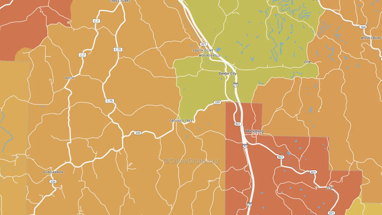 Dexter City, OH Map of Assault Rates