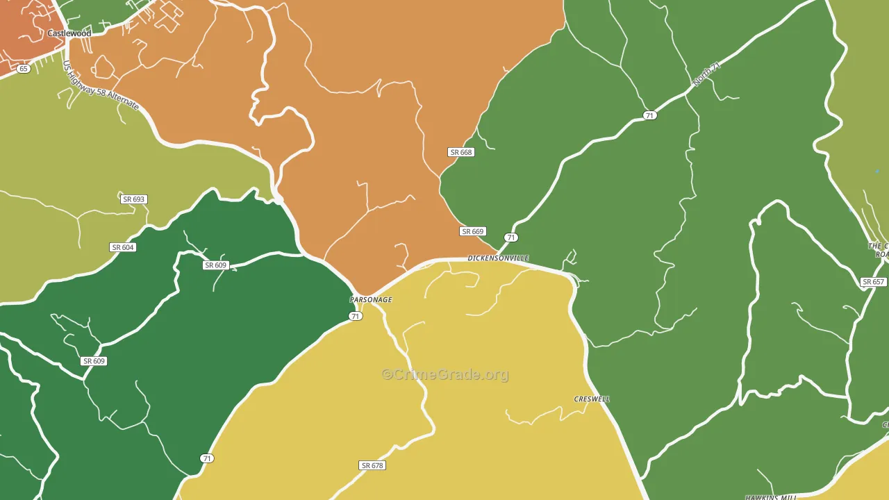 Dickensonville, VA Map of Assault Rates