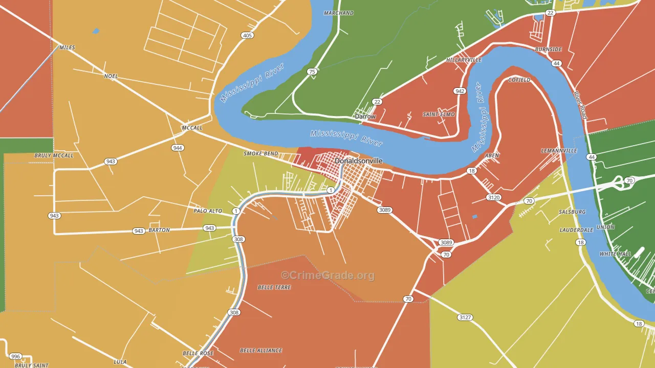 Donaldsonville, LA Map of Assault Rates
