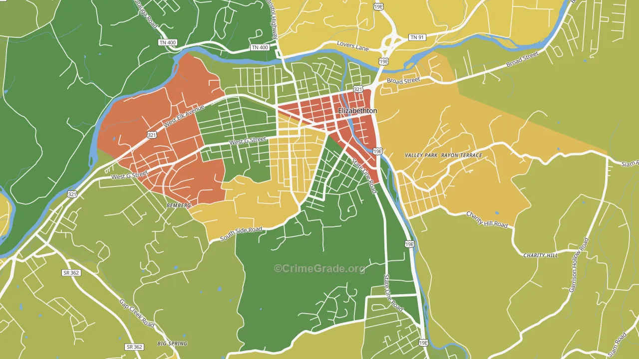 Douglas, Elizabethton, TN Map of Assault Rates