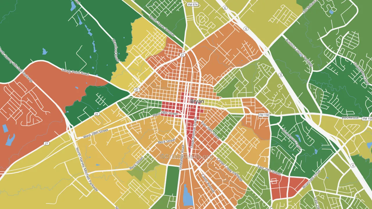 Downtown Bryan, Bryan, TX Map of Assault Rates