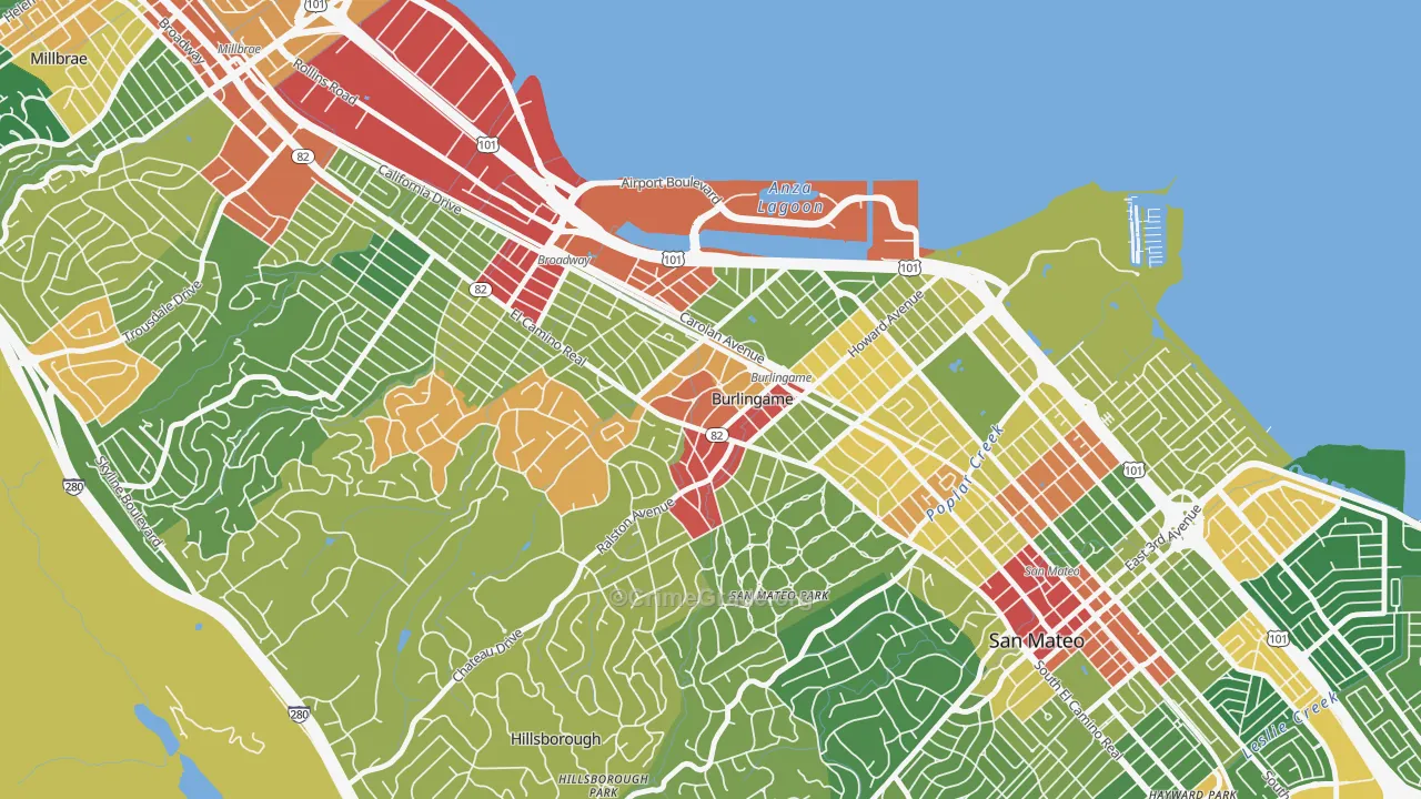 Downtown Burlingame, Burlingame, CA Map of Assault Rates
