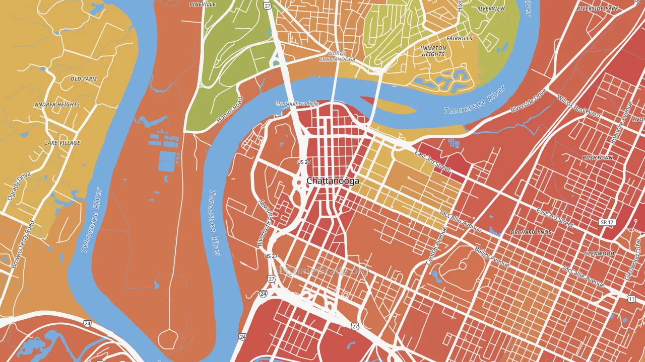 Downtown Chattanooga, Chattanooga, TN Map of Assault Rates