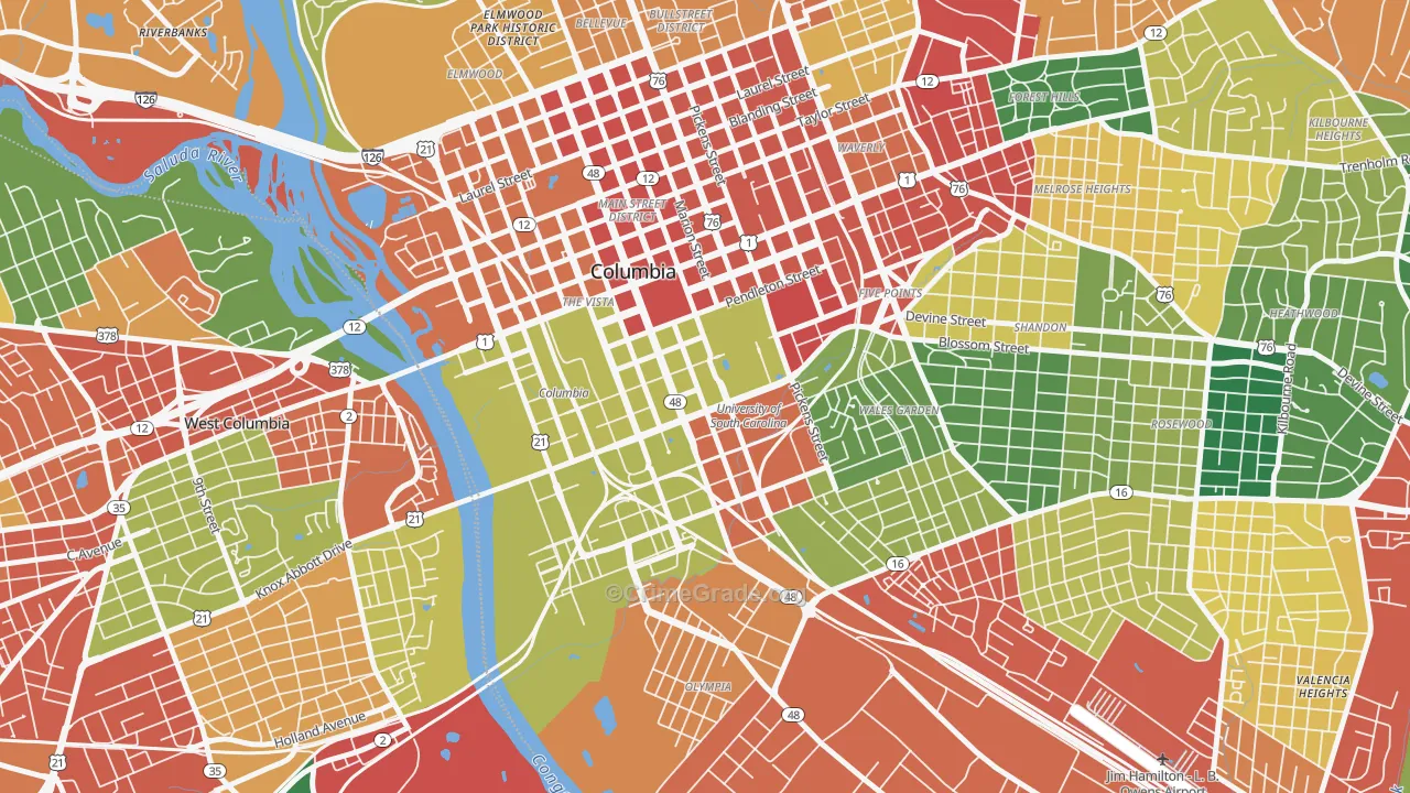 Downtown Columbia, Columbia, SC Map of Assault Rates