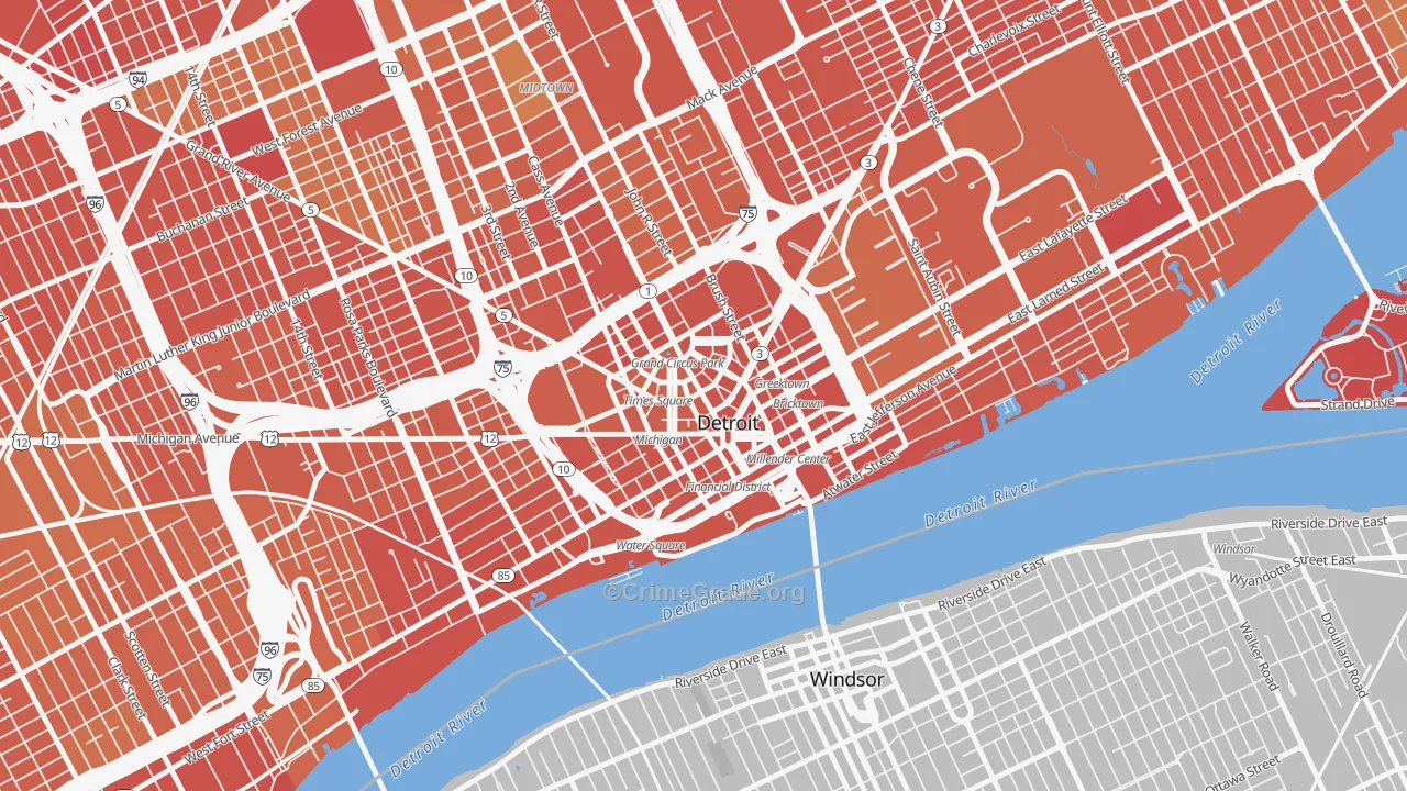 Downtown Detroit, Detroit, MI Map of Assault Rates