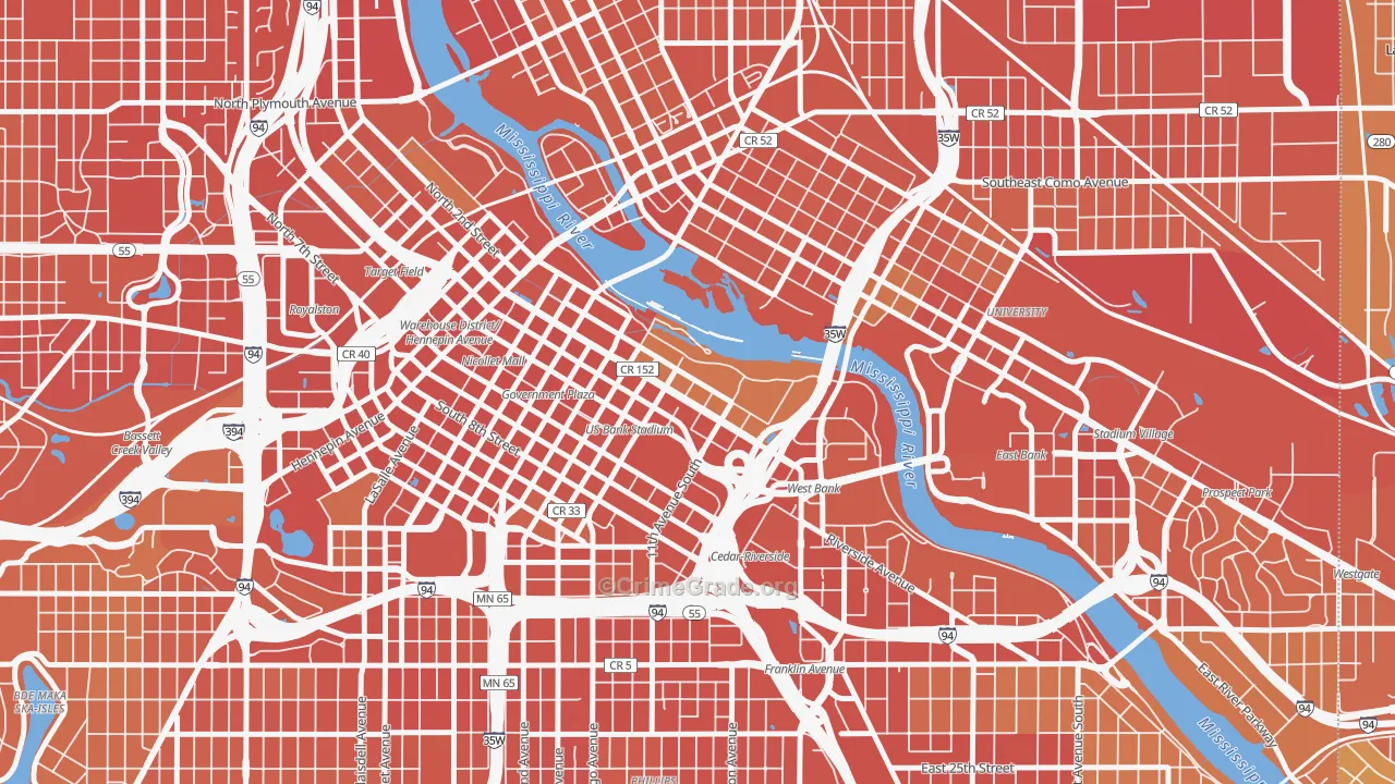 Downtown East, Minneapolis, MN Map of Assault Rates