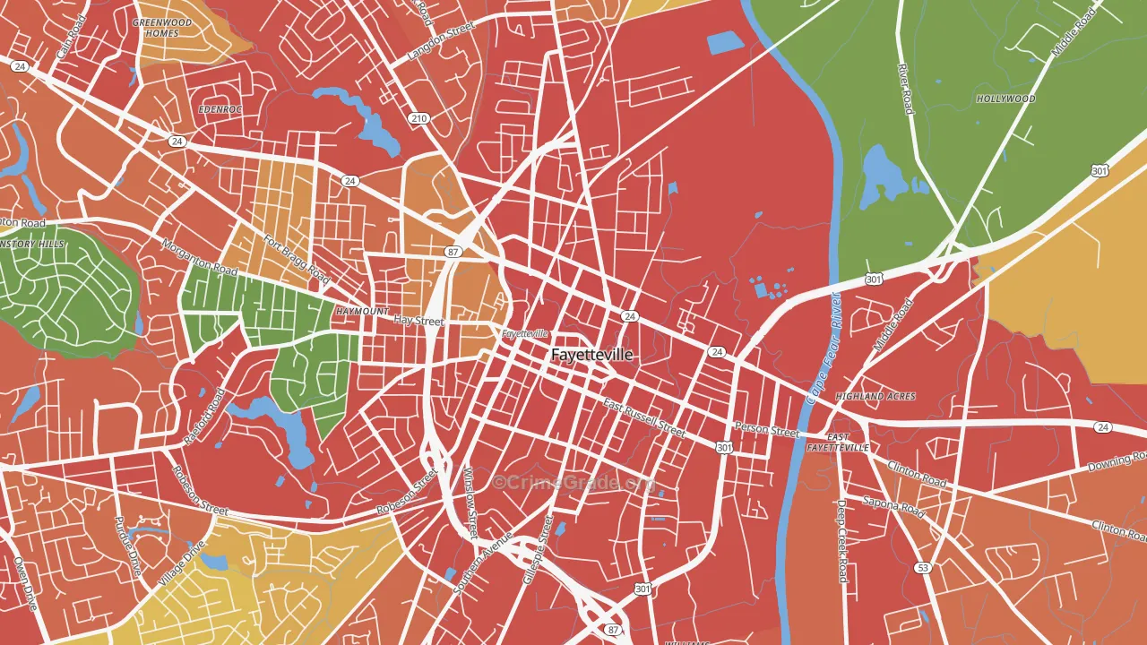 Downtown Fayetteville, Fayetteville, NC Map of Assault Rates