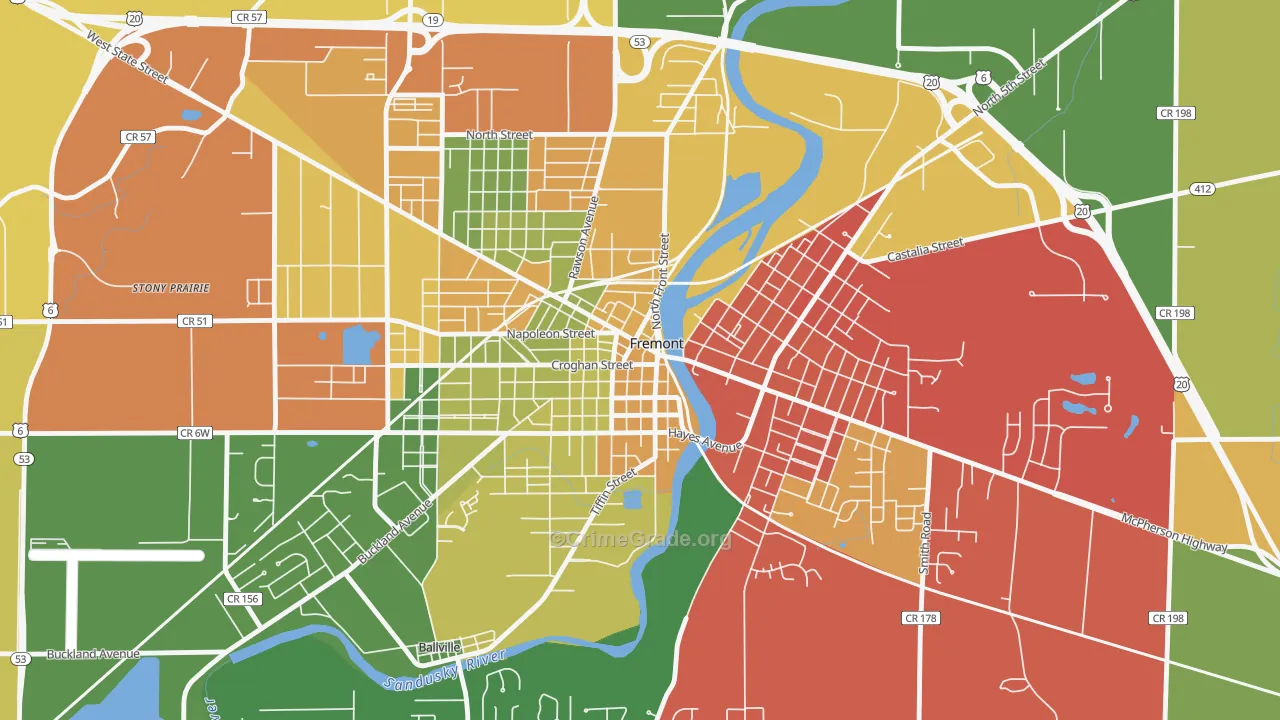 Downtown Fremont Historic District, Fremont, OH Map of Assault Rates
