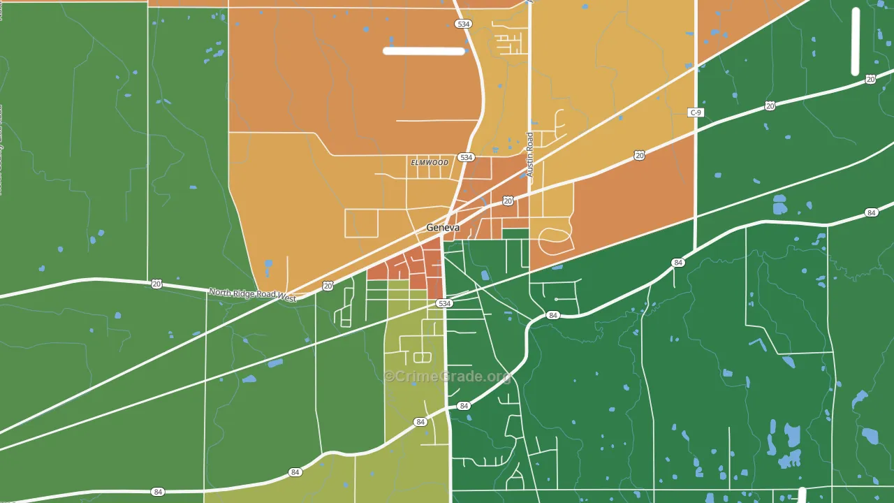 Downtown Geneva, Geneva, OH Map of Assault Rates