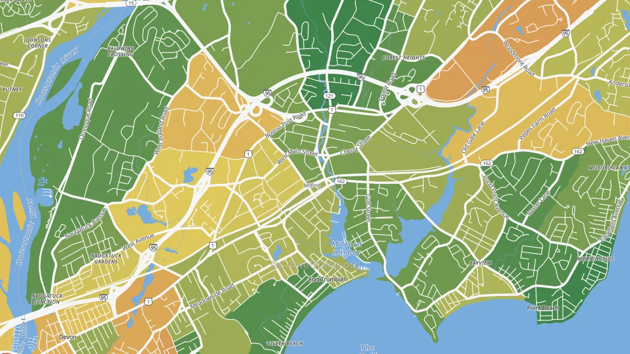 Downtown Harbor-Post Road South, Milford, CT Map of Assault Rates