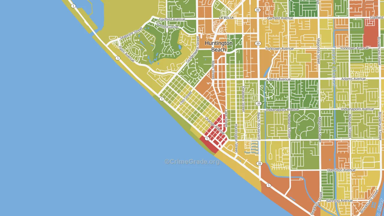 Downtown Huntington Beach, Huntington Beach, CA Map of Assault Rates