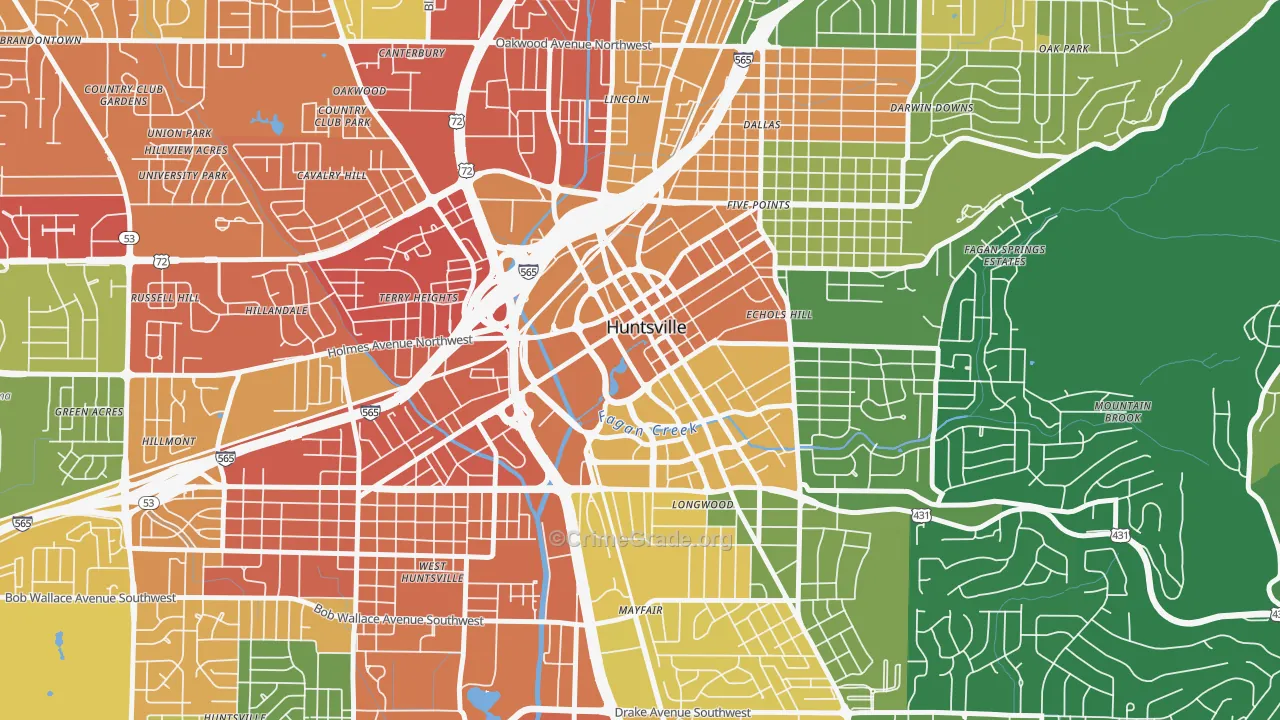 Downtown Huntsville, Huntsville, AL Map of Assault Rates