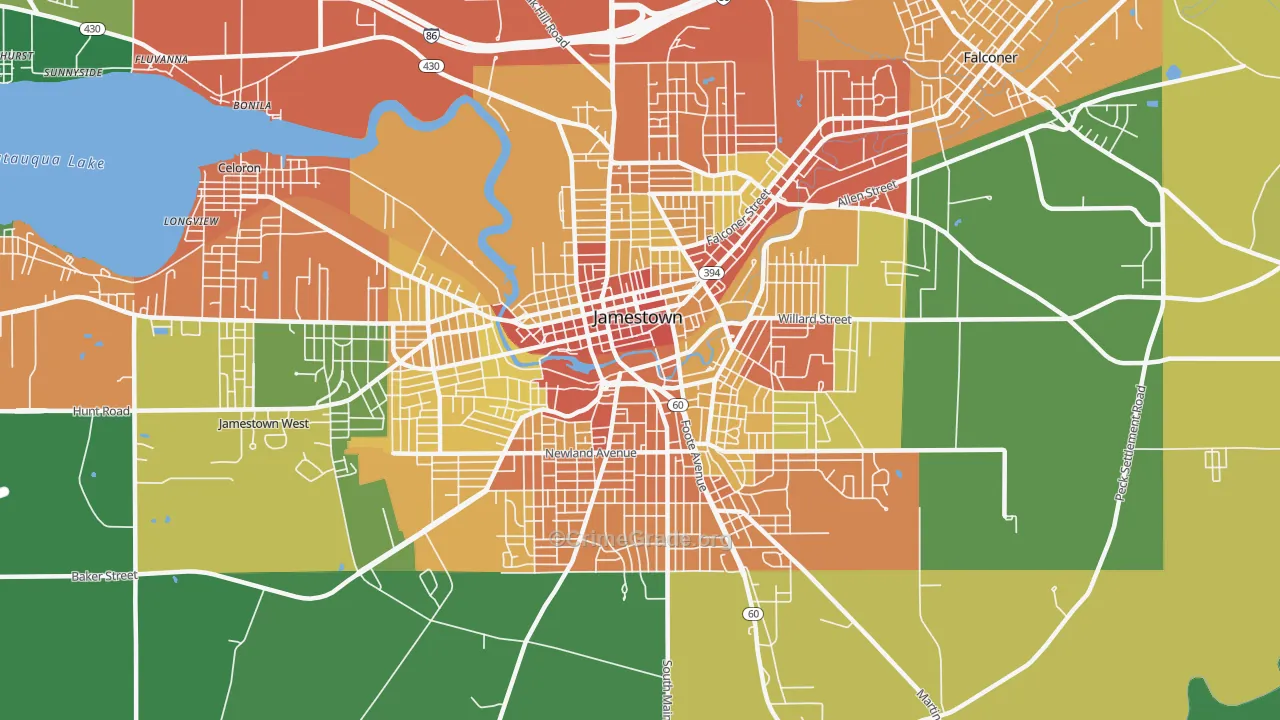 Downtown Jamestown, Jamestown, NY Map of Assault Rates