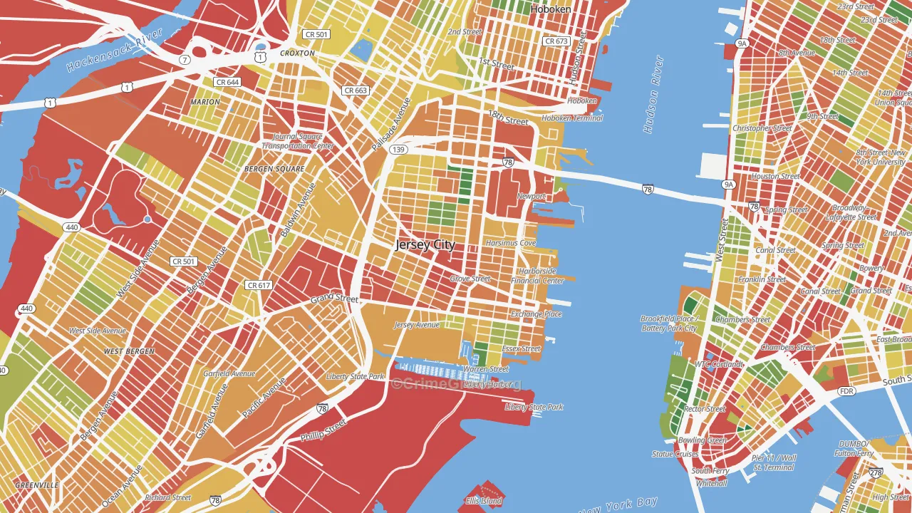 Downtown Jersey City, Jersey City, NJ Map of Assault Rates