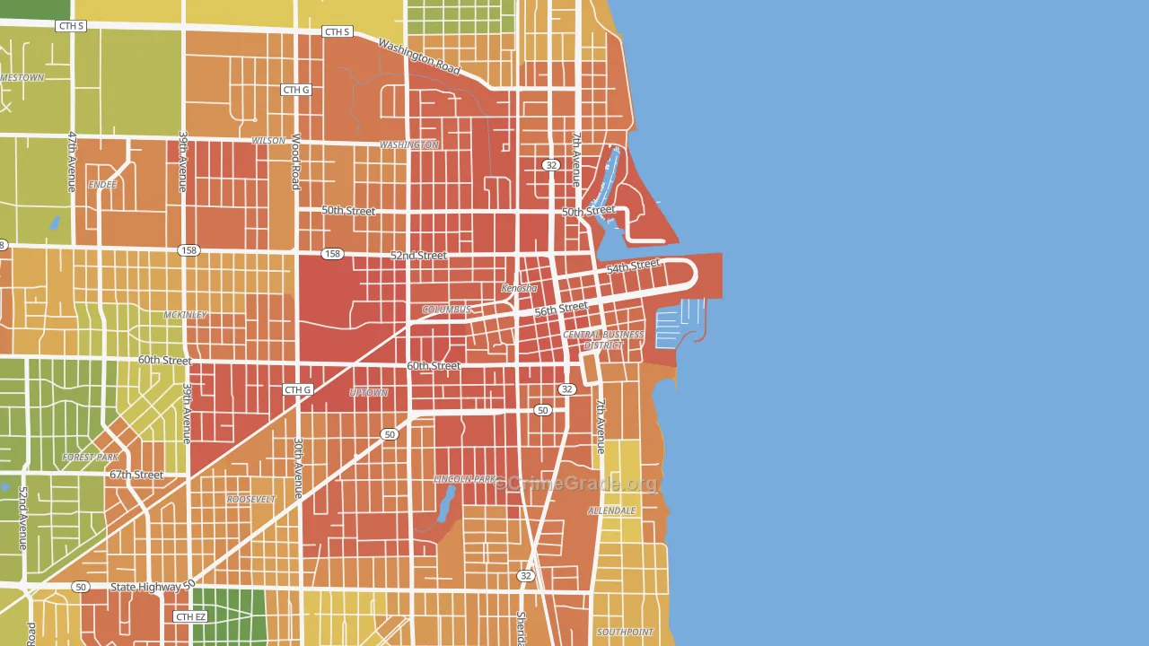 Downtown, Kenosha, WI Map of Assault Rates