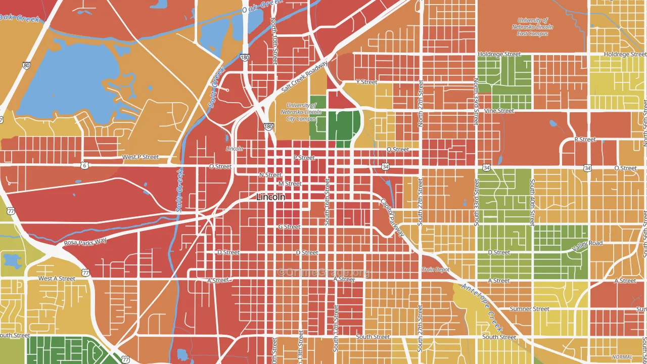 Downtown Lincoln, Lincoln, NE Map of Assault Rates