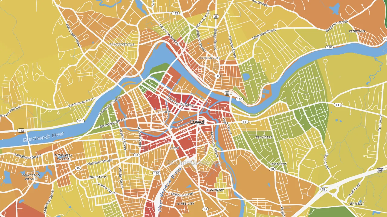 Downtown Lowell, Lowell, MA Map of Assault Rates