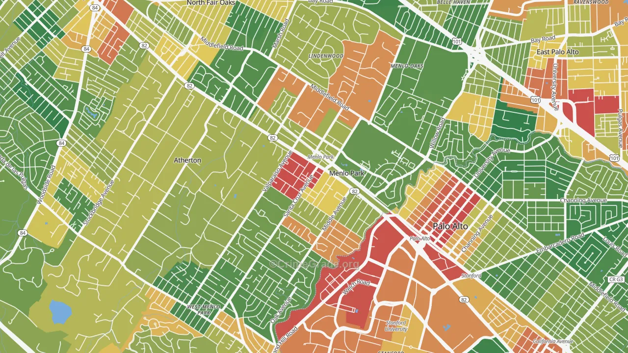 Downtown Menlo Park, Menlo Park, CA Map of Assault Rates