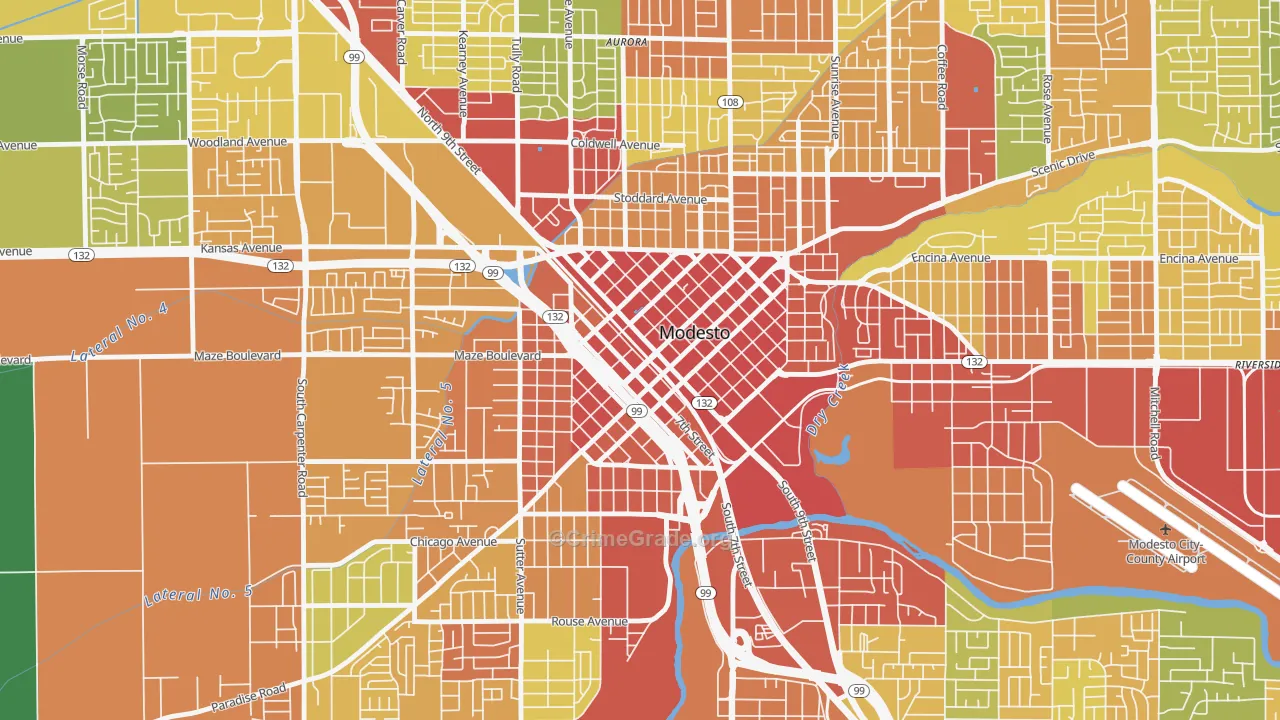 Downtown Modesto, Modesto, CA Map of Assault Rates