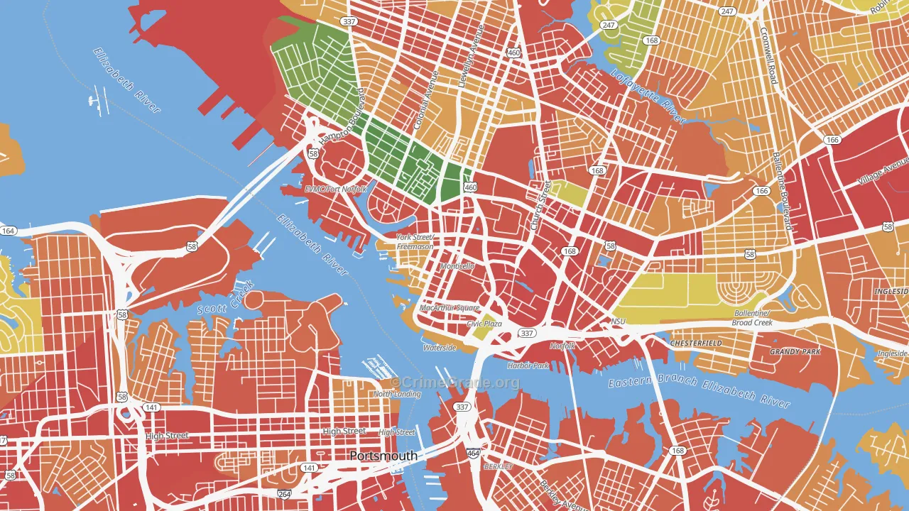Downtown Norfolk, Norfolk, VA Map of Assault Rates