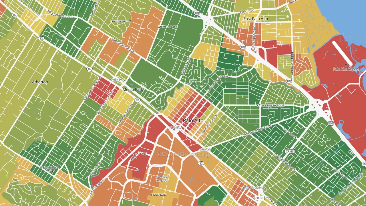 Downtown North San Jose, Palo Alto, CA Map of Assault Rates
