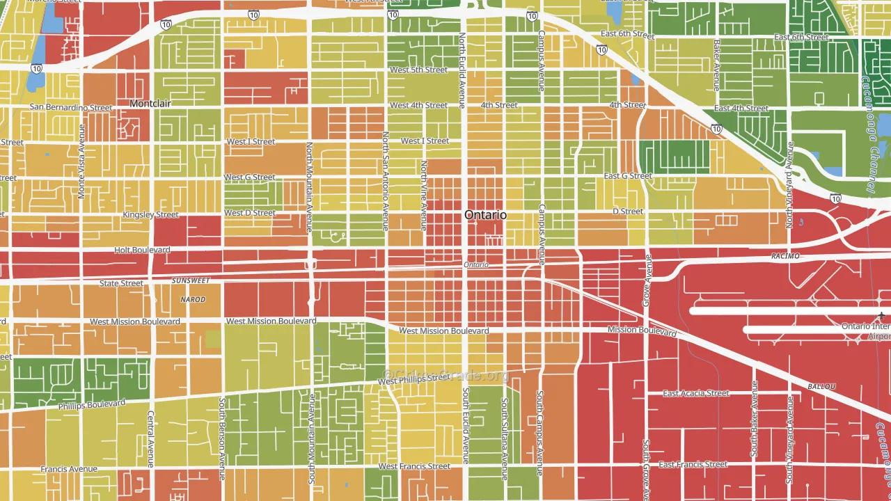 Downtown Ontario, Ontario, CA Map of Assault Rates