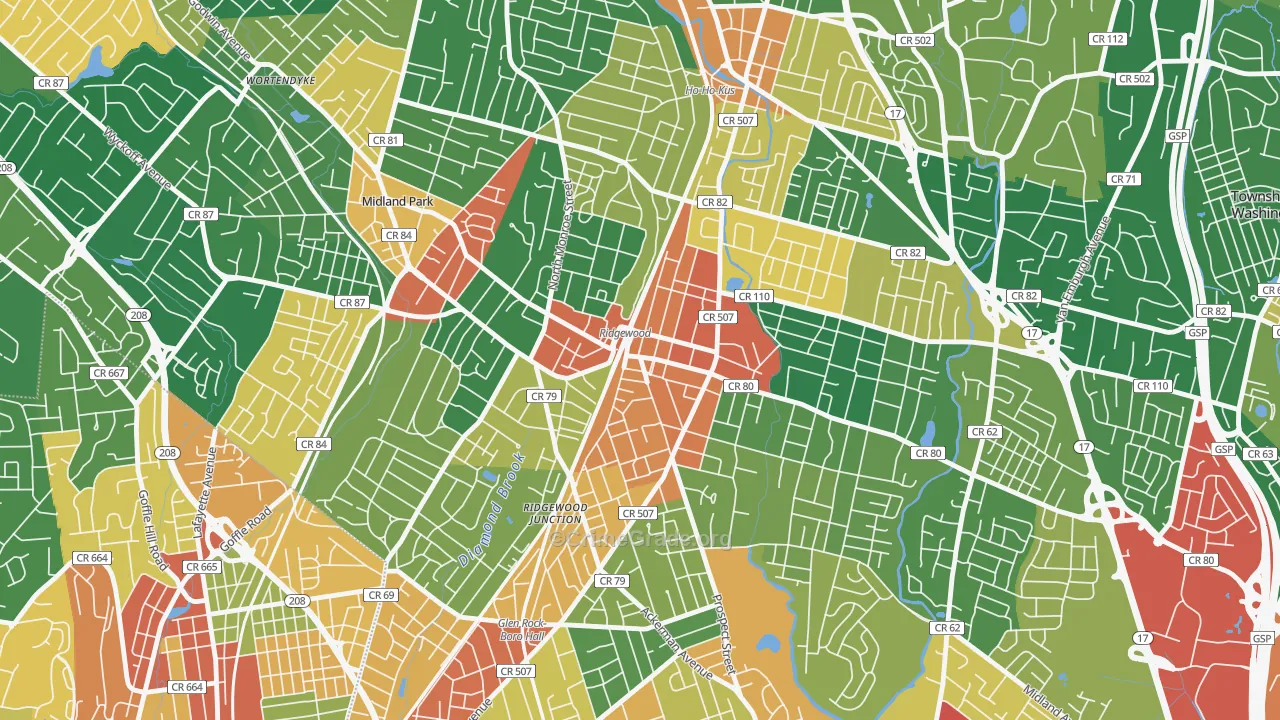 Downtown Ridgewood, Ridgewood, NJ Map of Assault Rates