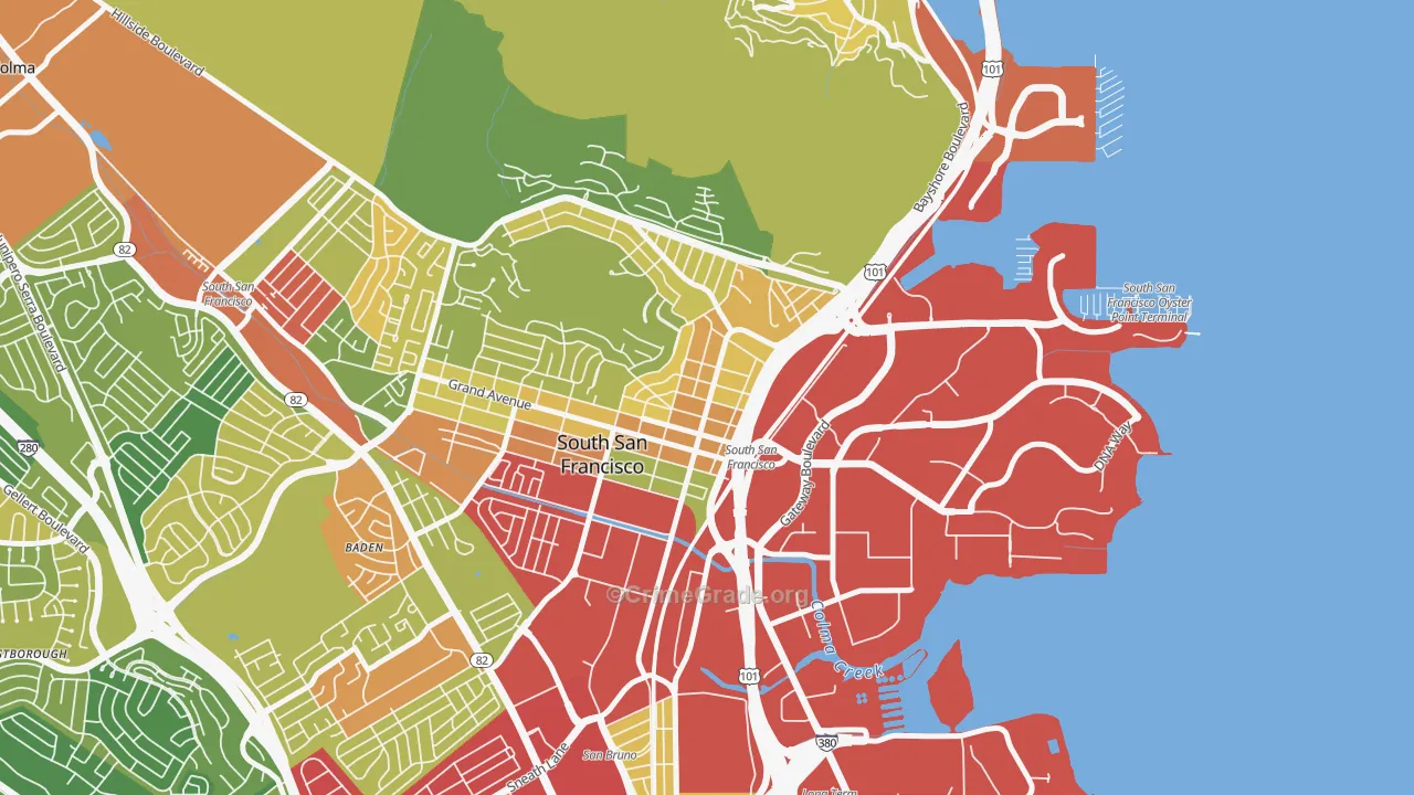 Downtown South San Francisco, South San Francisco, CA Map of Assault Rates