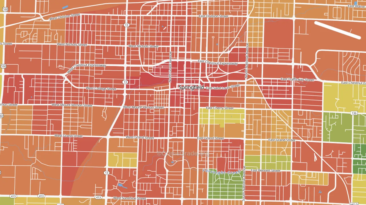 Downtown Springfield, Springfield, MO Map of Assault Rates