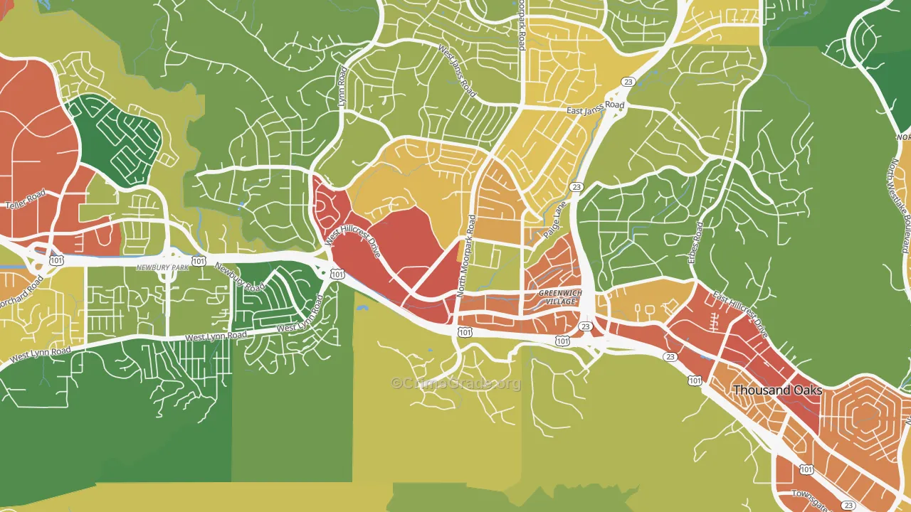 Downtown Thousand Oaks, Thousand Oaks, CA Map of Assault Rates
