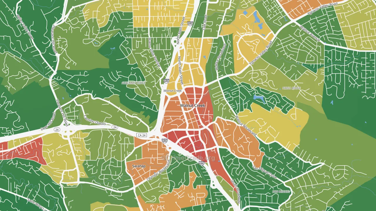 Downtown Walnut Creek, Walnut Creek, CA Map of Assault Rates