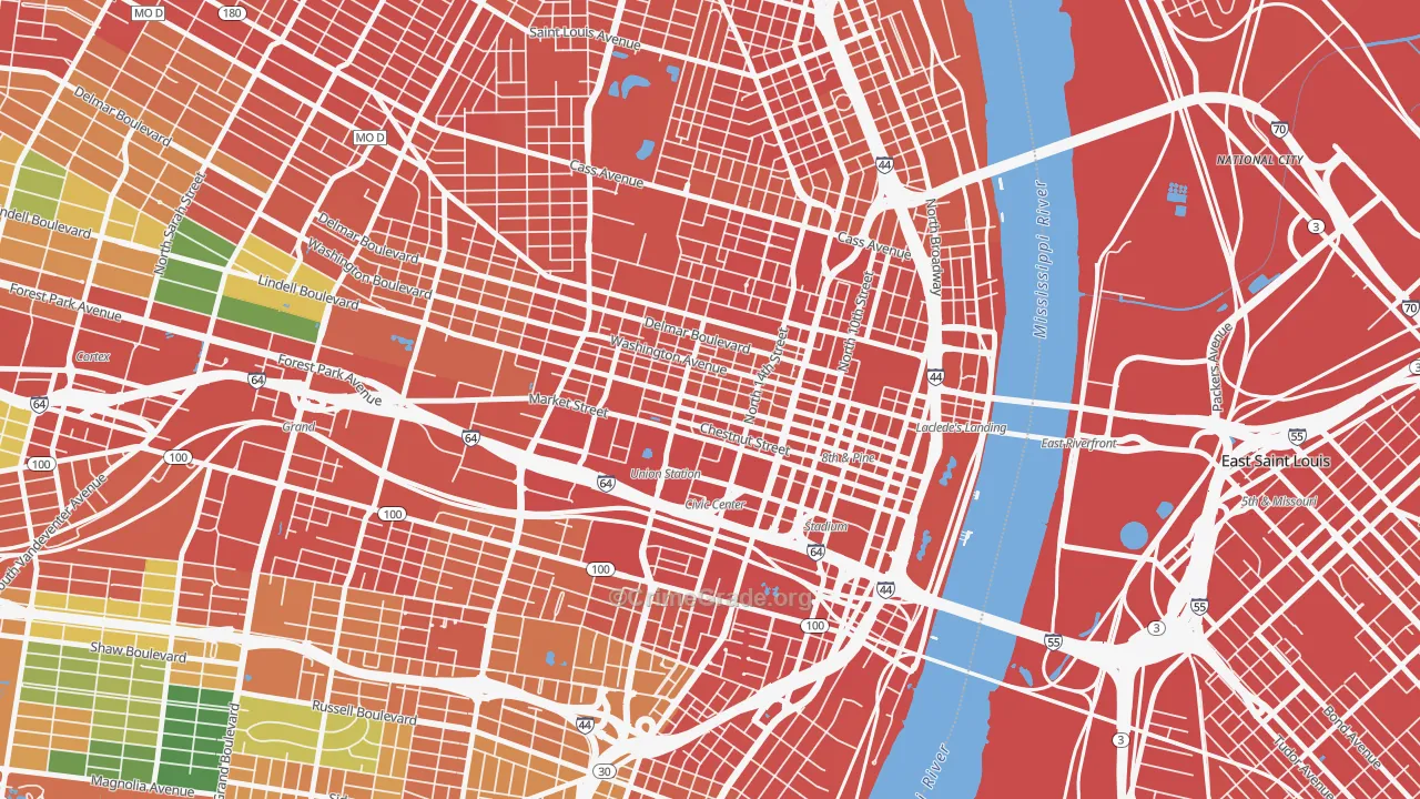 Downtown West, St. Louis, MO Map of Assault Rates