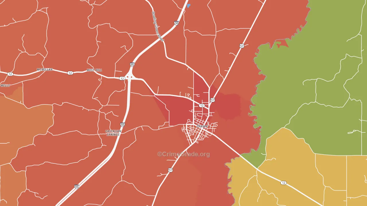 Durant, MS Map of Assault Rates
