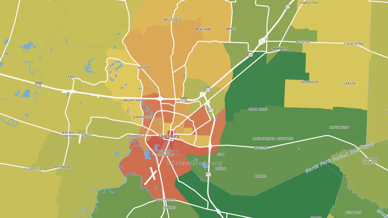 Dyer County, TN Map of Assault Rates