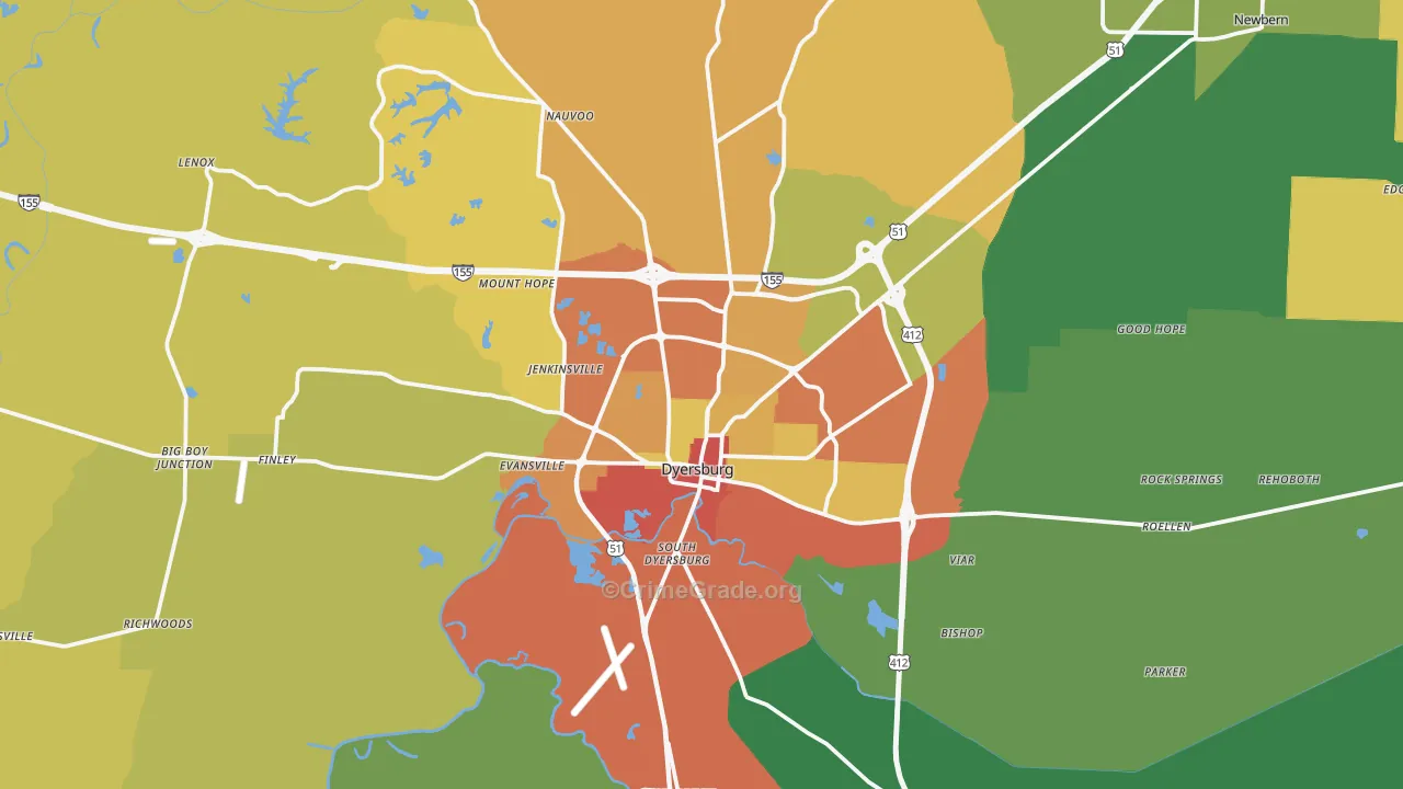 Dyersburg, TN Map of Assault Rates