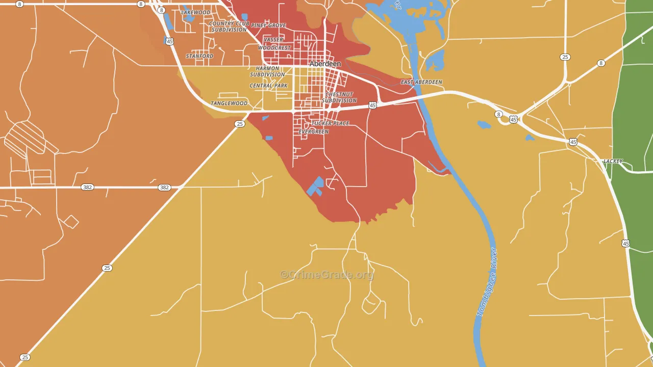 East Aberdeen, MS Map of Assault Rates