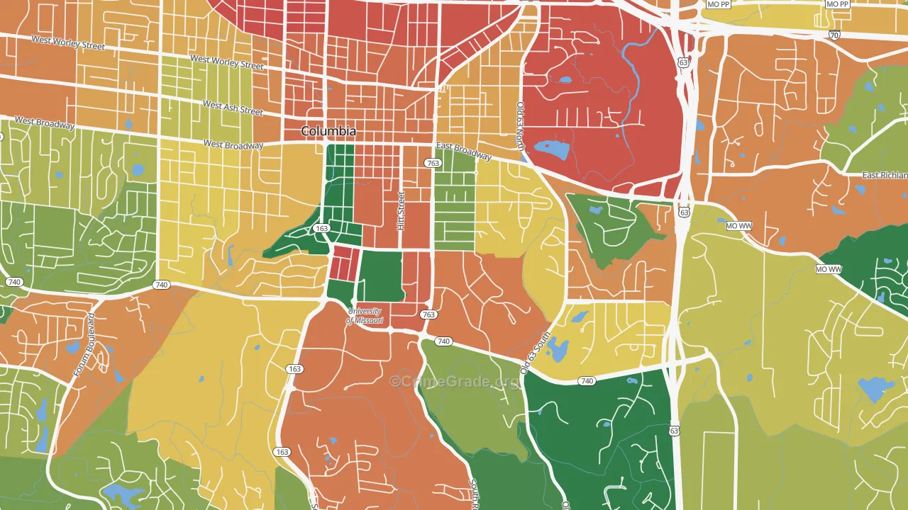 East Campus, Columbia, MO Map of Assault Rates
