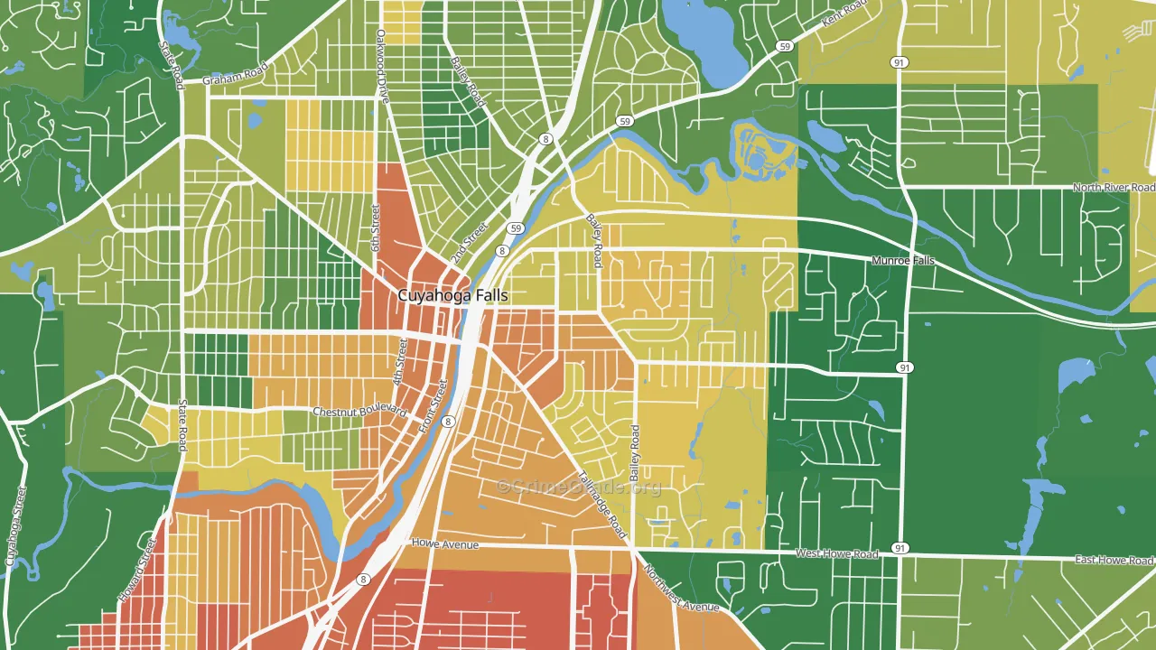 East Village, Cuyahoga Falls, OH Map of Assault Rates