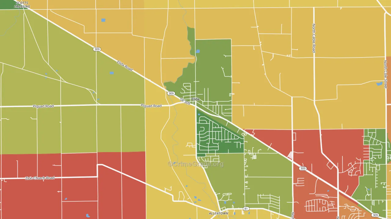 Elida, OH Map of Assault Rates
