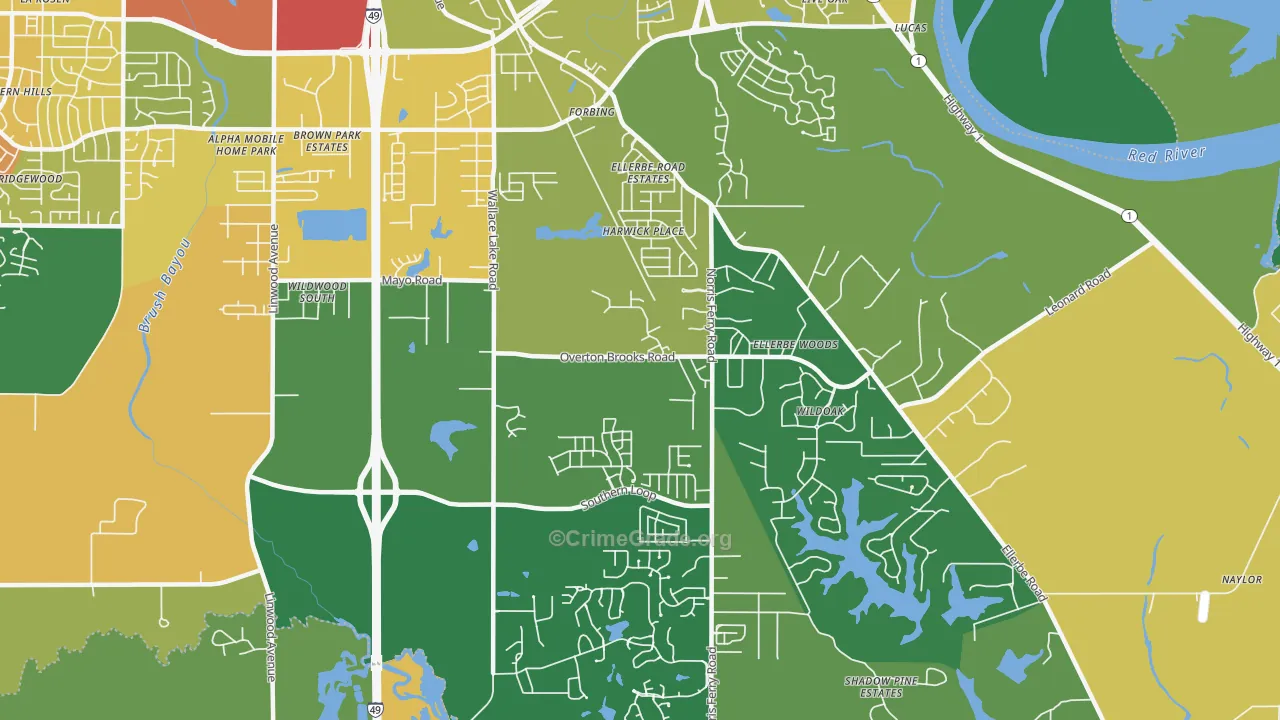 Ellerbee Woods, Shreveport, LA Map of Assault Rates