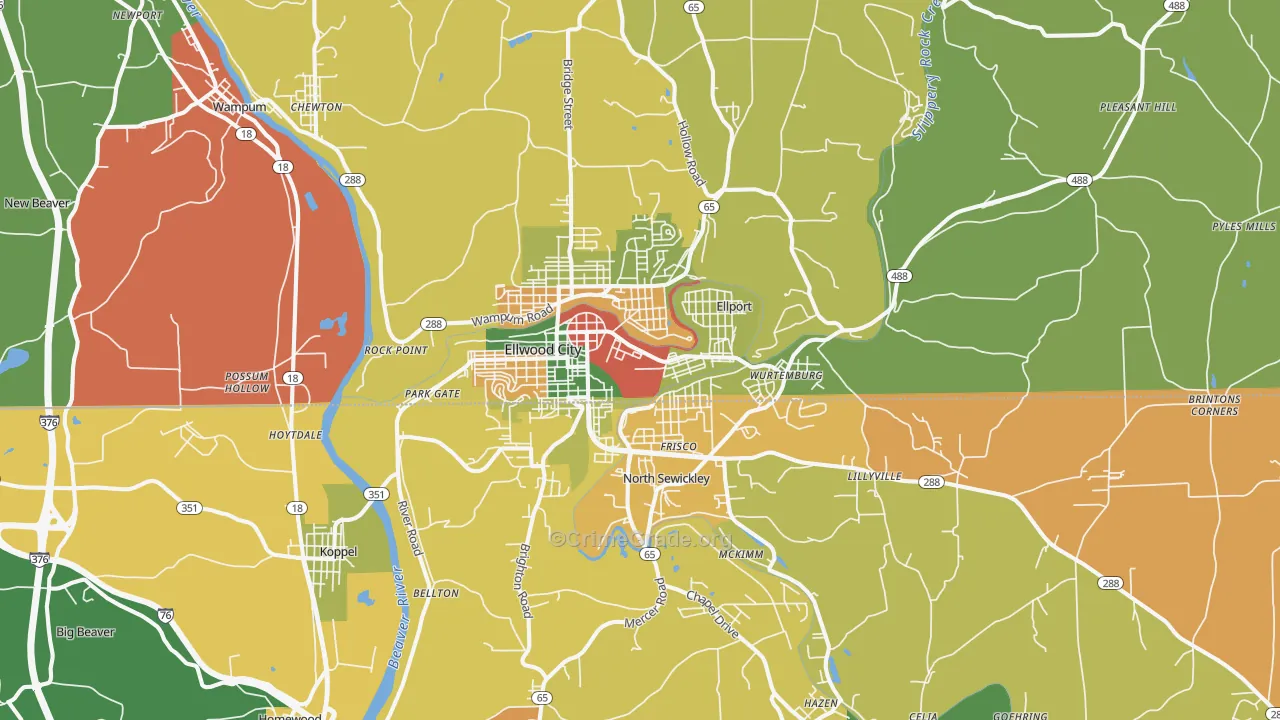 Ellwood City, PA Map of Assault Rates