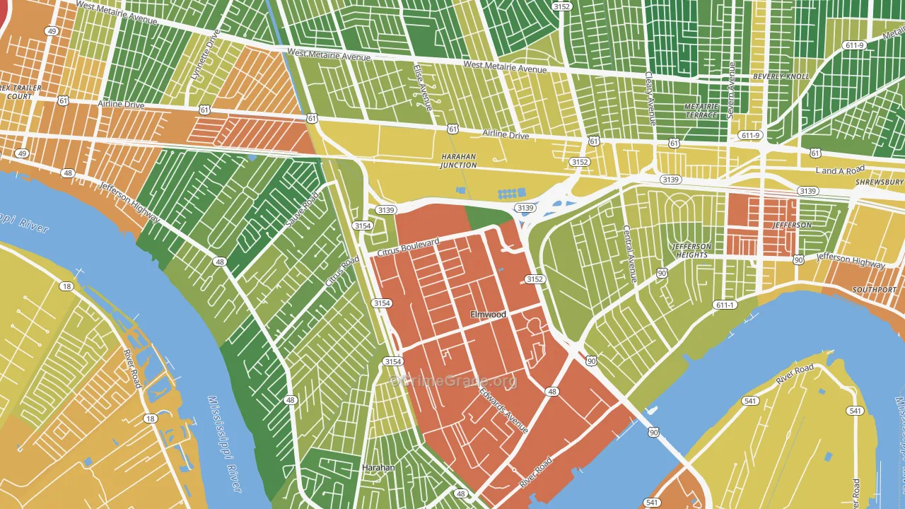 Elmwood, New Orleans, LA Map of Assault Rates