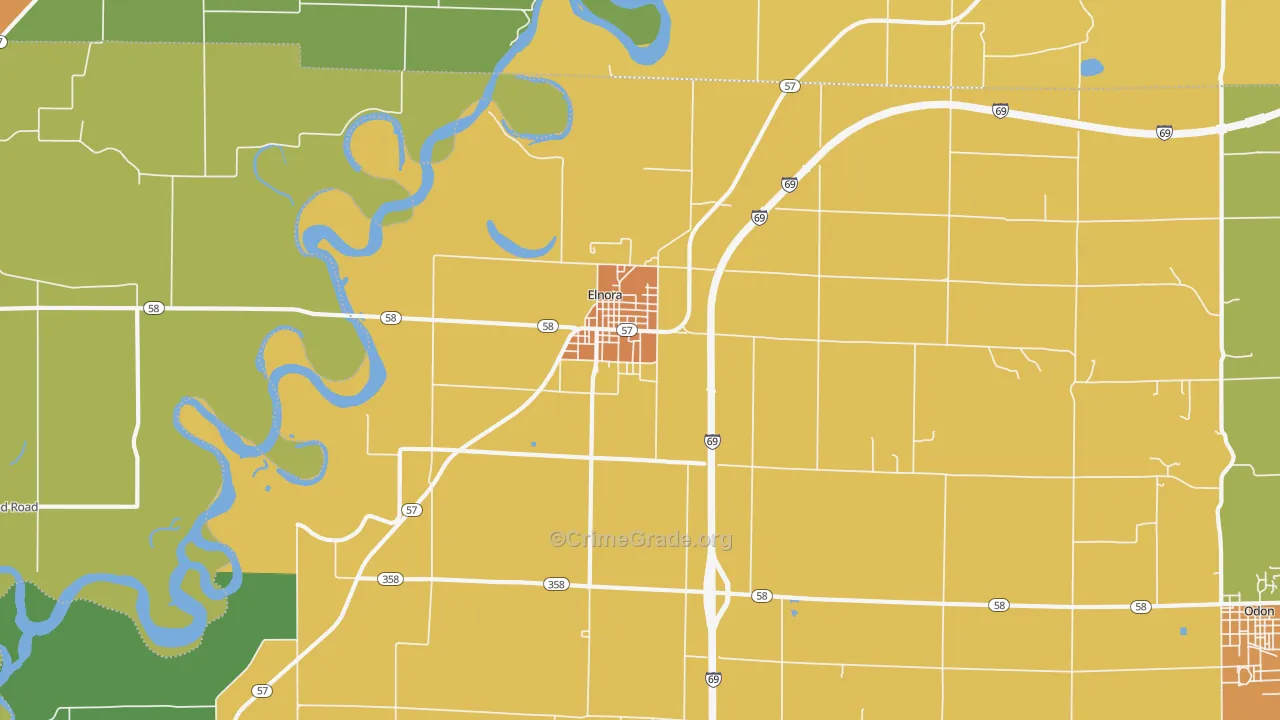 Elnora, IN Map of Assault Rates