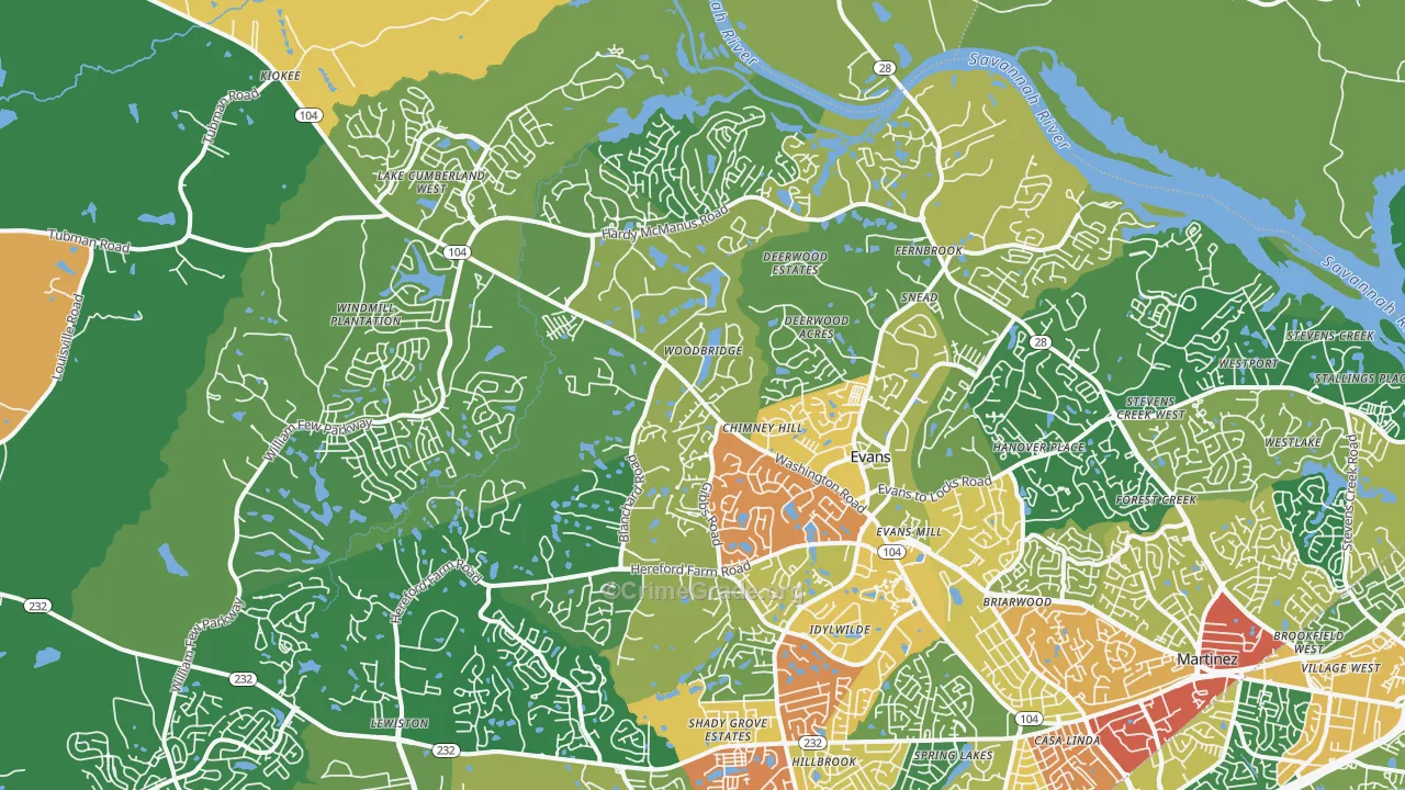 Evans, GA Map of Assault Rates